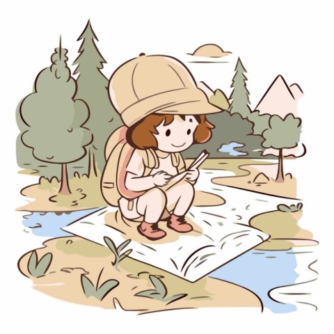 Illustration of a little girl sitting on the bank of a river