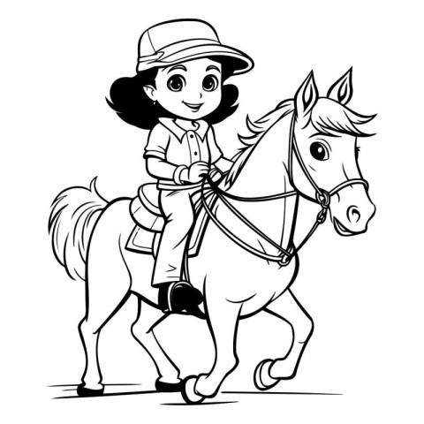 Illustration of a Little Girl Riding a Horse - Coloring Book