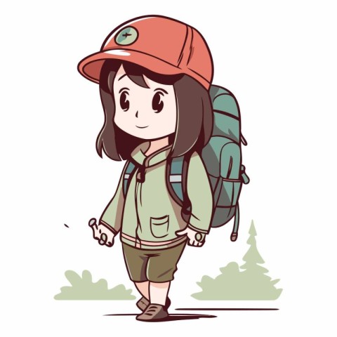 Girl hiker with a backpack in cartoon style.