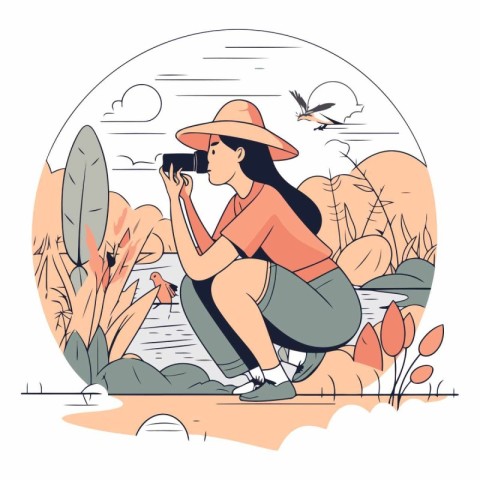 Vector illustration of a girl in a hat taking pictures of nature