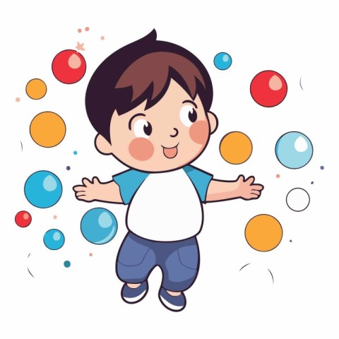 Cute little boy playing with colorful balls of a happy kid.