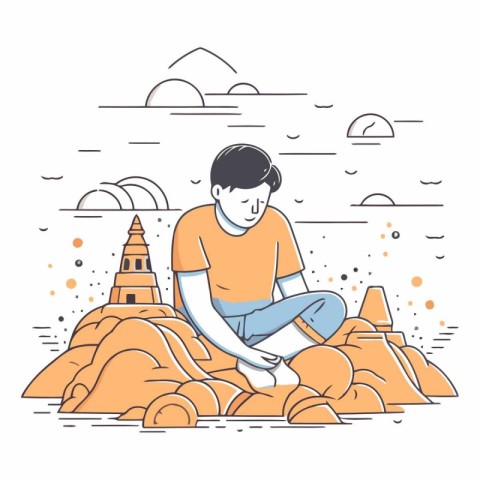 Man sitting on the rocks in line art style.