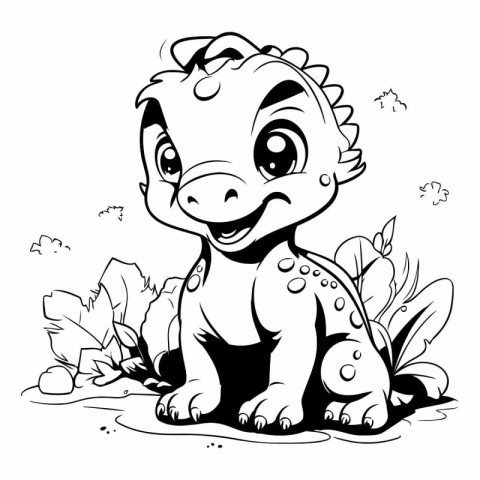 Cute baby dinosaur sitting in the grass. Black and white vector