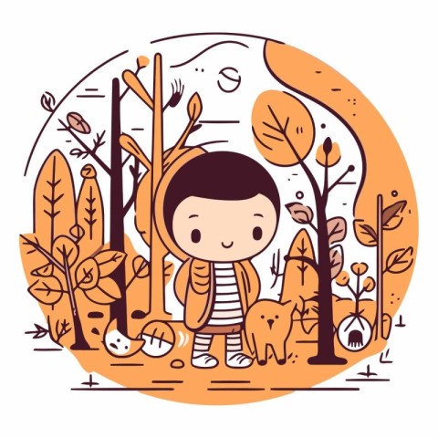 Cute little boy in autumn forest in cartoon style