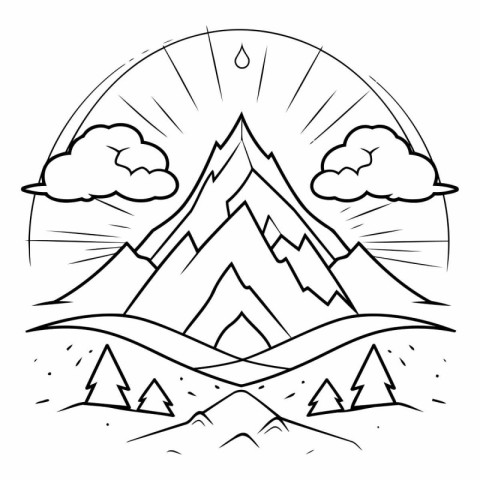 Mountains and forest. Hand drawn vector illustration. Line art.