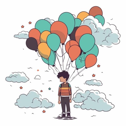 Boy with balloons and clouds cartoons vector illustration graphi