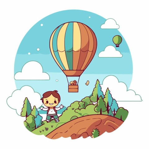 cute little boy flying in hot air balloon cartoon vector illustr