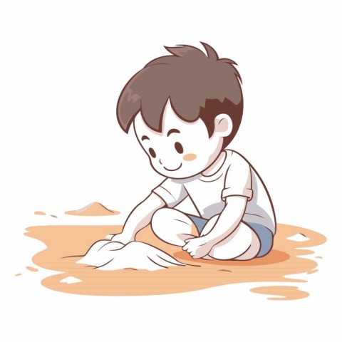 Boy playing with sand isolated on a white background.