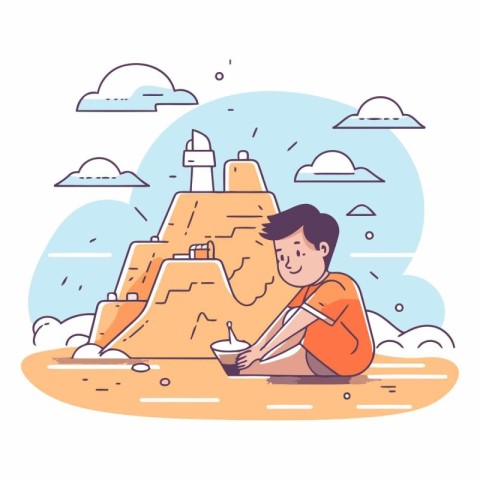 Man making sand castle in flat linear style design.