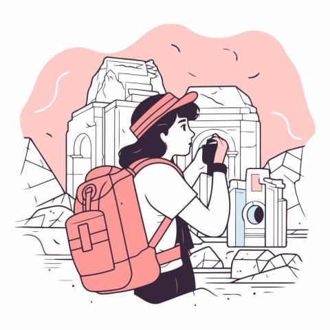 Tourist girl with a backpack in the ancient city