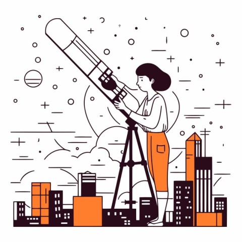 Businesswoman looking through telescope in flat linear style.