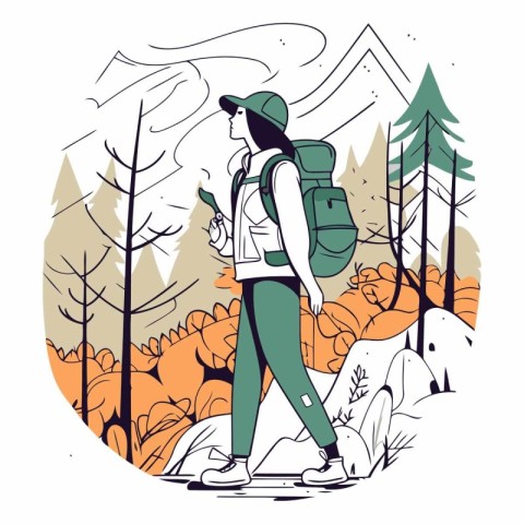 Hiking woman with a backpack in the forest.