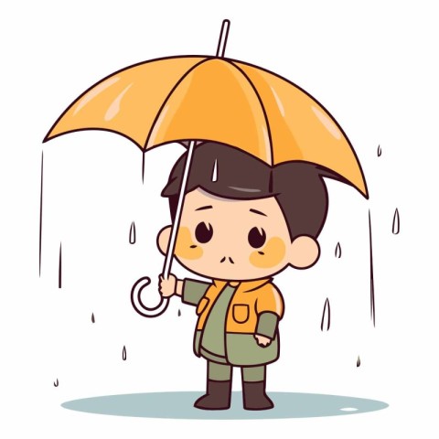 Cute little boy with umbrella in rainy weather.