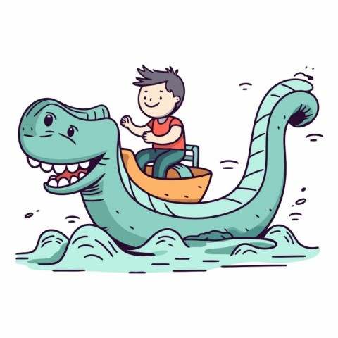 Cartoon happy boy riding a crocodile boat.