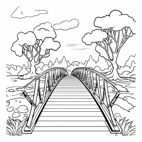 Bridge over the river. Black and white vector illustration for c