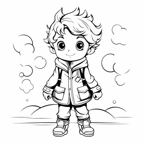 Cute little boy in winter clothes for coloring book.