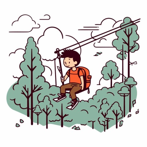 Vector illustration of a boy on a rope walk in the forest.