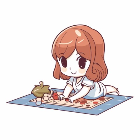 Illustration of a Cute Cartoon Girl Playing Chess on a Mat