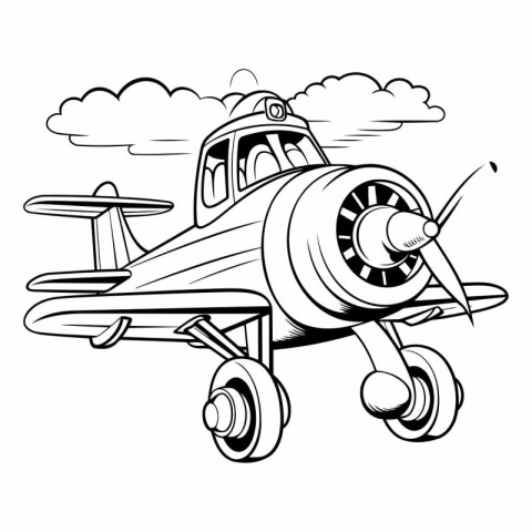 Retro airplane flying in the sky. Black and white vector illustr