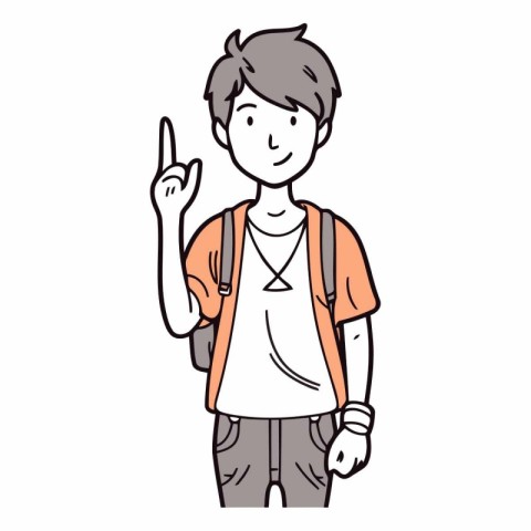 Young man with backpack pointing up in cartoon style.