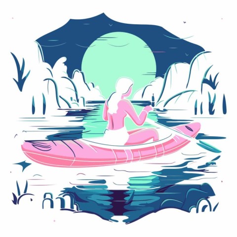 Vector illustration of a man in a kayak on the lake.