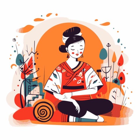 Vector illustration of a girl in a kimono sitting on the grass.