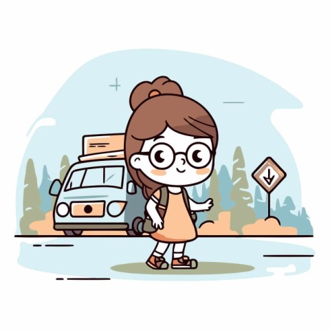 Cute Cartoon Girl Carrying a Car on the Road