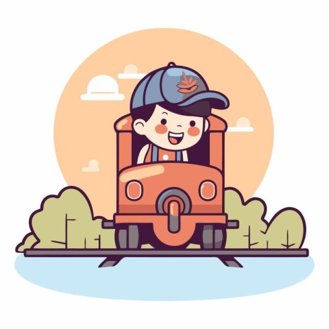 Cute boy riding a train in the park.