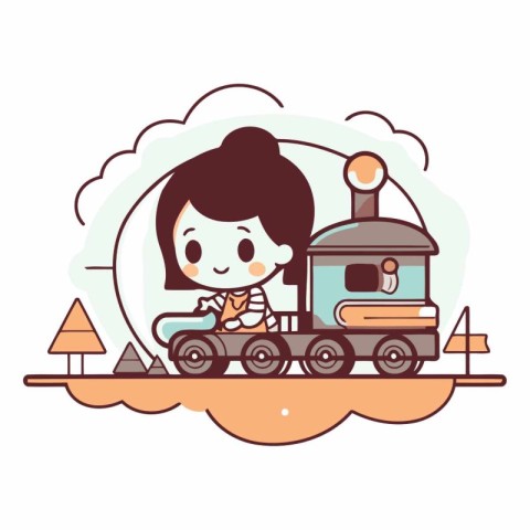 Cute little girl riding a steam locomotive.