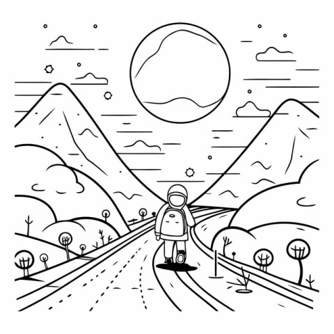 Boy walking on the road in the mountains in outline style.