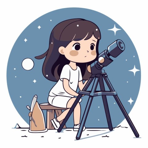 Cute little girl looking through telescope in cartoon style.