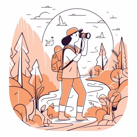 Tourist girl with a backpack and binoculars in the forest