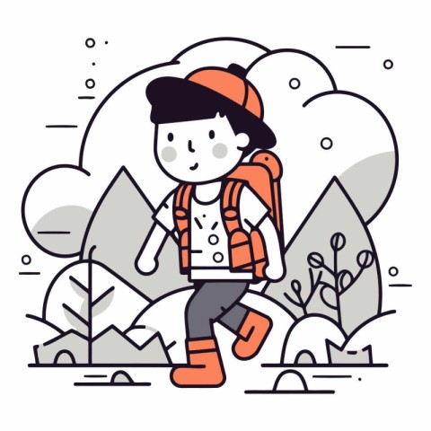 Cute boy with backpack hiking in the mountains. Vector line illu