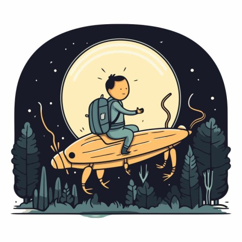 Vector illustration of a man riding a surfboard in the moonlight