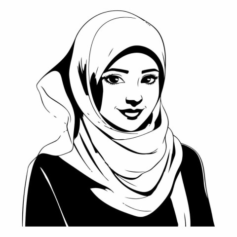 beautiful muslim woman wearing hijab black and white vector illu