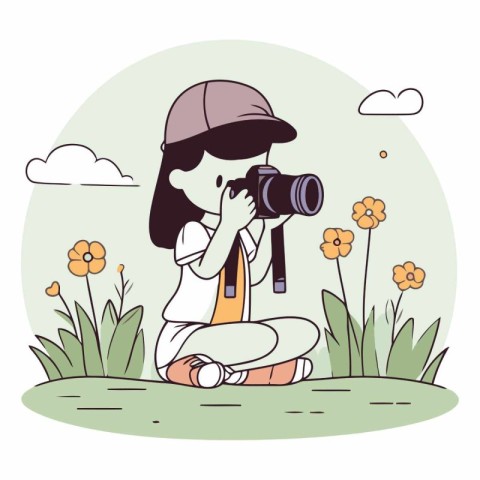 Girl with camera in the nature in cartoon style.