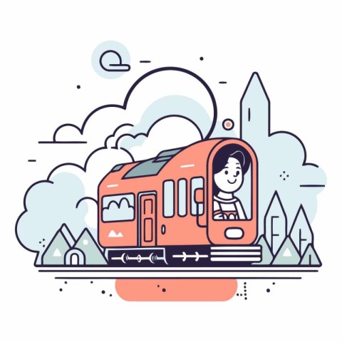 Vector illustration of a train with a girl in a helmet on a back