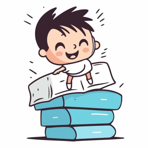 boy sleep on pile of books in cartoon style.