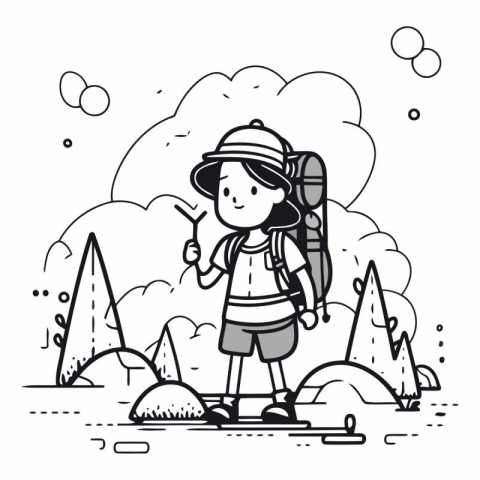 Vector illustration of hiker girl with backpack and trekking pol