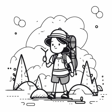 Vector illustration of hiker girl with backpack and trekking pol