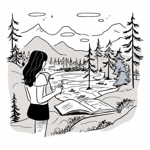 Girl reading a book in the mountains. Hand drawn vector illustra