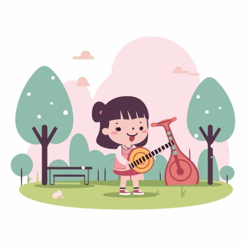 Girl playing guitar in the park. flat style.