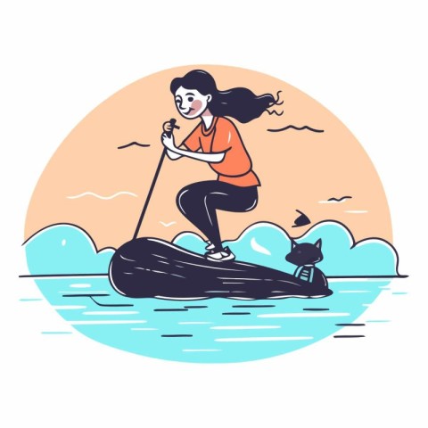 Woman on a stand-up paddleboard in cartoon style.