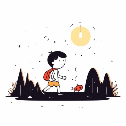 Cute little boy playing in the park. Vector hand drawn illustrat