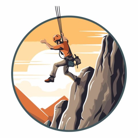 Rock climber climbing up the mountain in retro style.