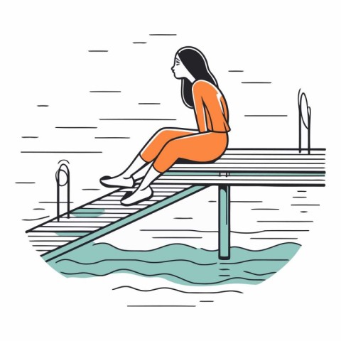 Woman sitting on the pier in line art style.