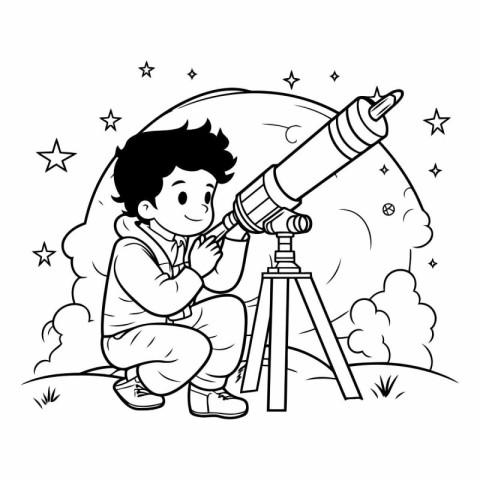 cute little boy playing with telescope in the landscape vector i