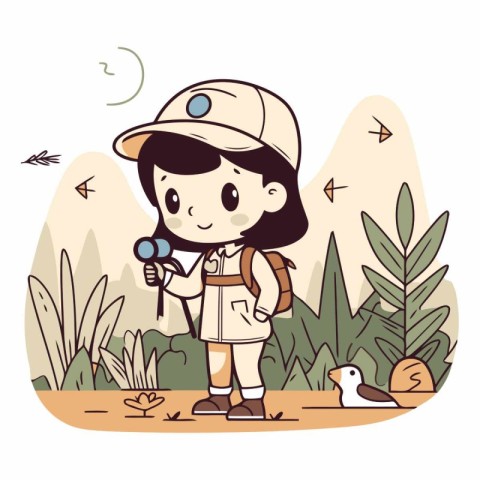 Cute little girl scout in the jungle in cartoon style.