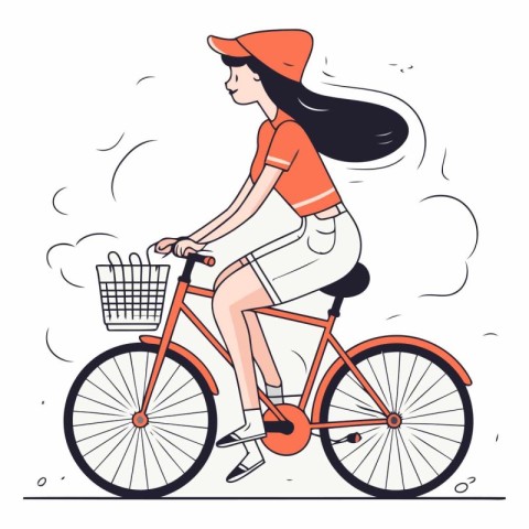 Vector illustration of a girl in a red cap riding a bicycle.