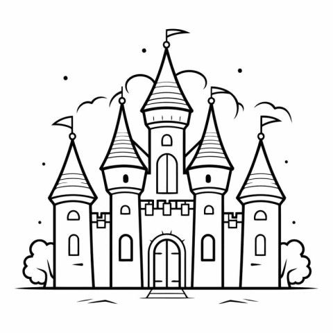 Fairy tale castle. Black and white vector illustration for color